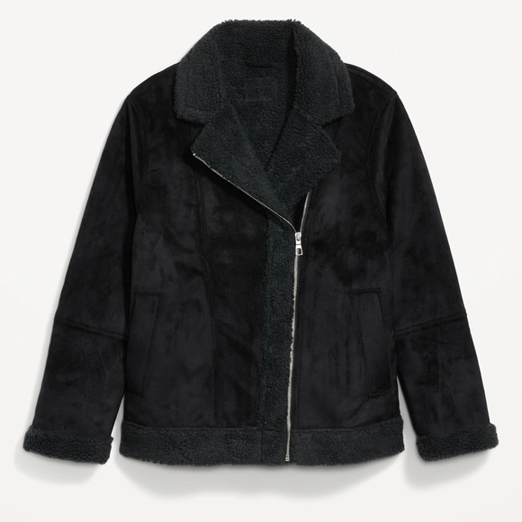 NWT OLD NAVY Faux-Suede Sherpa-Lined Moto Jacket Color Black SIZE SMALL - Picture 1 of 6